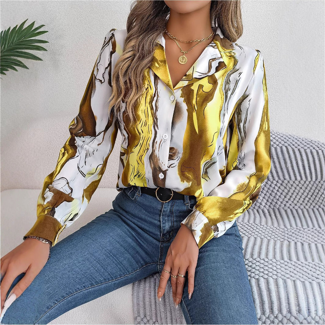 Damebluse med elegant marmormønster og moderne krave Stilla