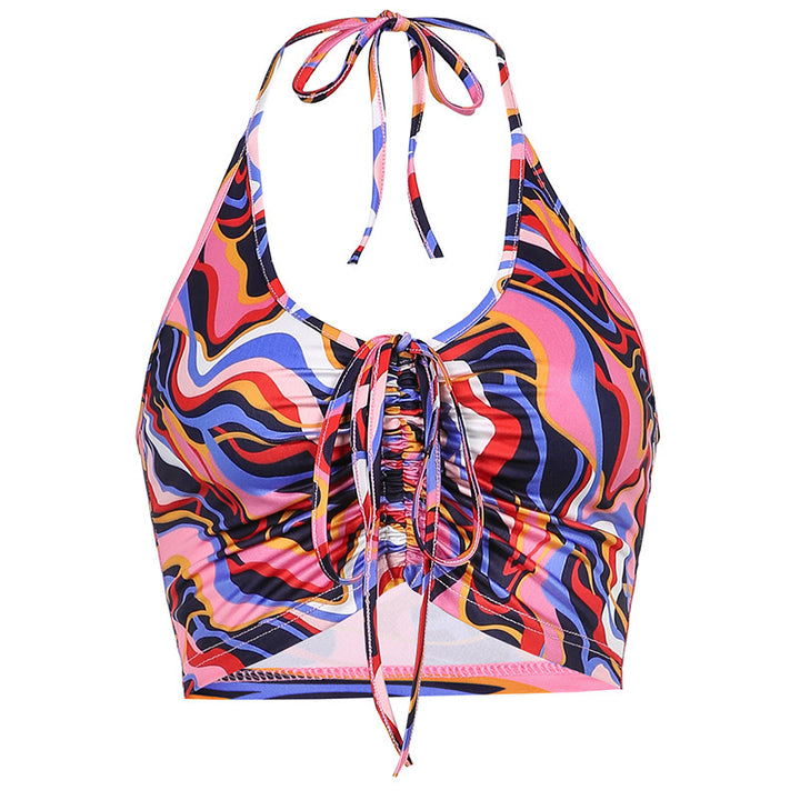 Dame Crop-Bikini-top med snøring og farverigt design Skovae