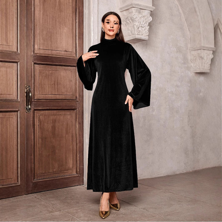 Dame velour kjole med elegant ståkrave og voluminøse ærmer Stilla