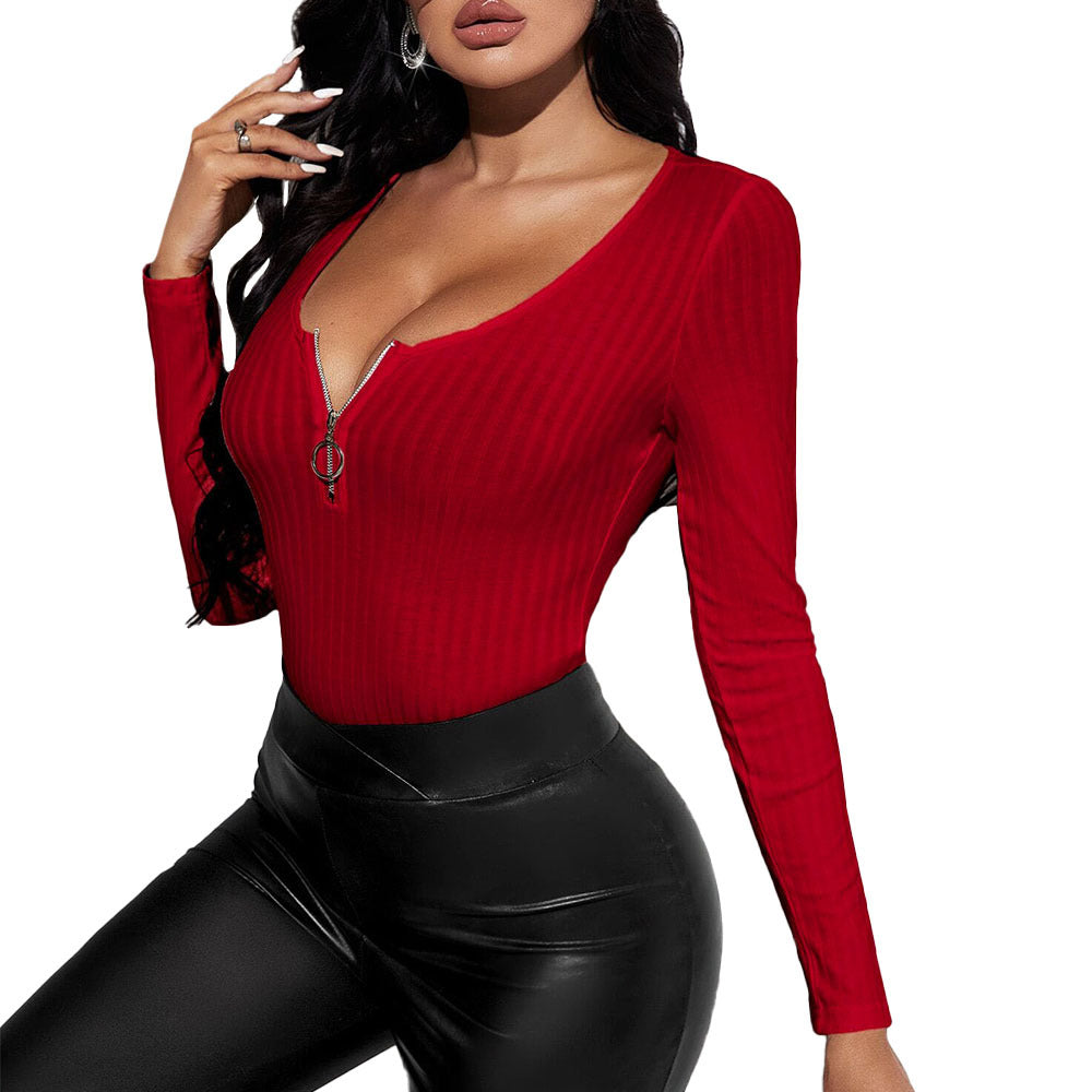 Kvindernes Slim Fit Bodysuit med Dybt V-Udskæring og Lynlås Stilla
