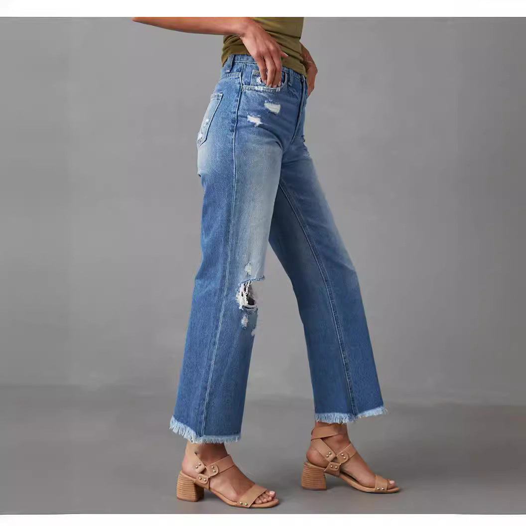 Dame brede jeans med frynset kant Stilla