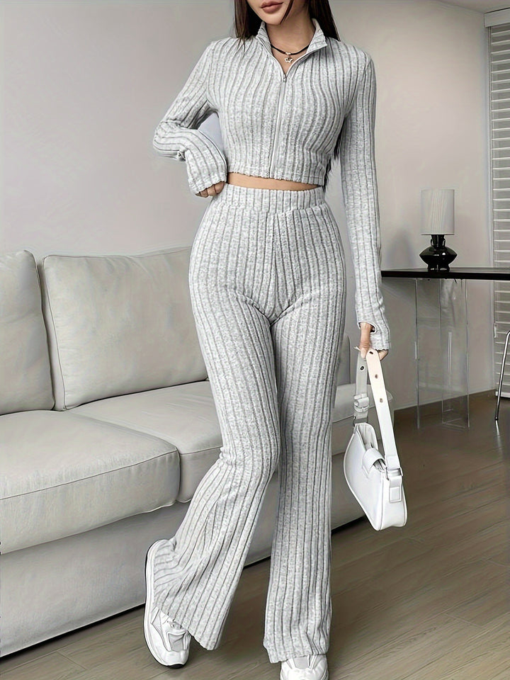 Dame Strik-Loungewear-Sæt med cropped top og løstsiddende bukser Stilla