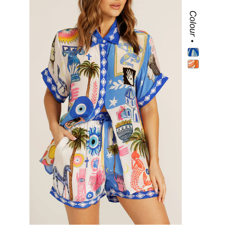 Women's set made of lightweight, printed short-sleeve shirt and shorts with colorful design Skovae