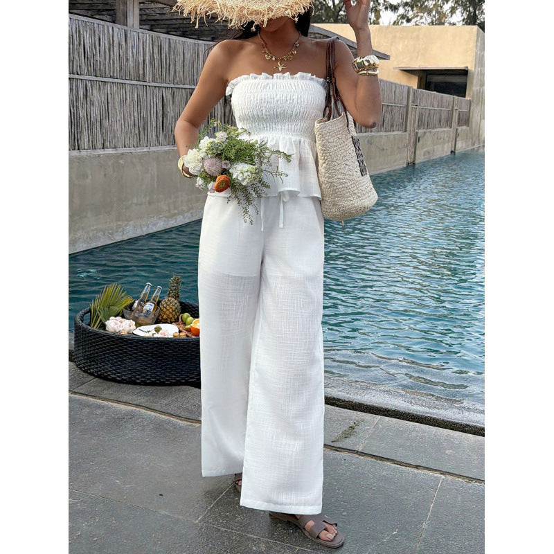 Dame Elegant top med rynket bustier og vide bukser Skovae