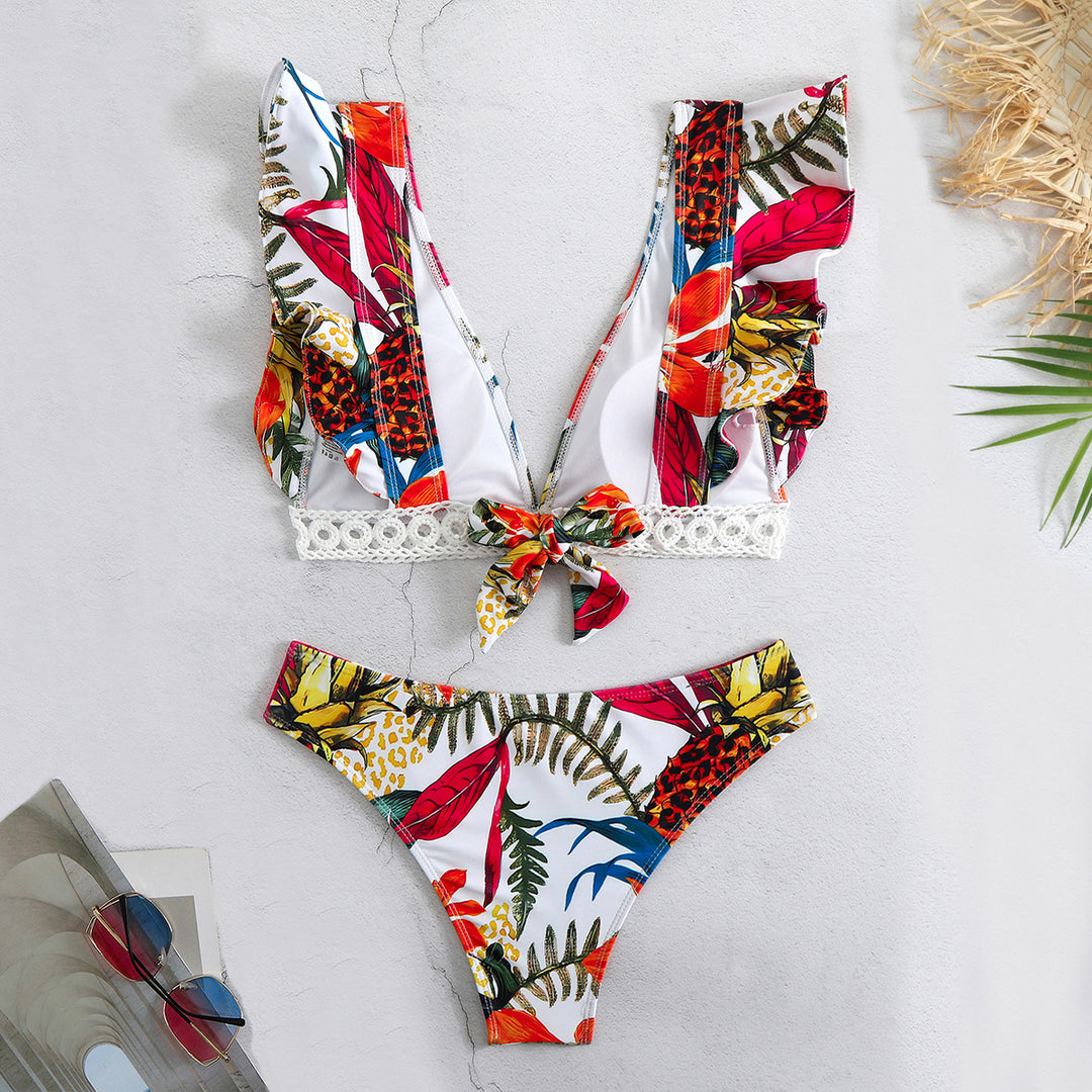 Dame bikini-sæt med voluminøse flæser og blomstret design Stilla