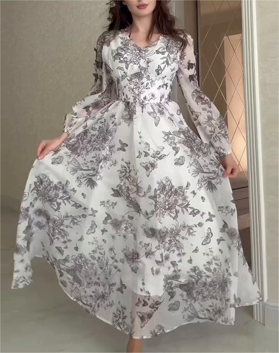 Dame Elegant maxikjole med blomster mønstre og gennemsigtige ærmer Stilla