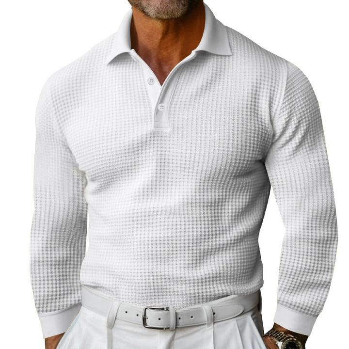 Herren nan figurbetontes Langarm-Poloshirt aus feiner Waffelmasche mit schmalem Milano-Kragen und elastischem Saum Skovae