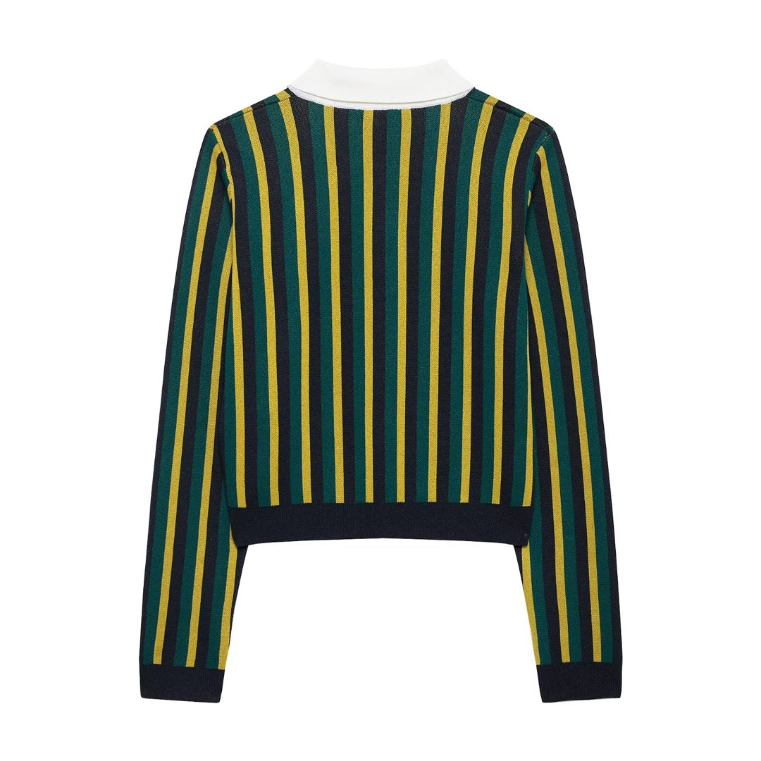 Femme Kort skåret stribet strik-Polo-sweater Stilla