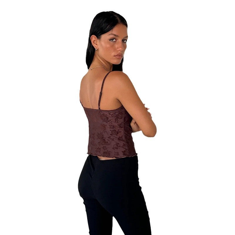 Dame spids-crop-top med blomsterdesign Skovae