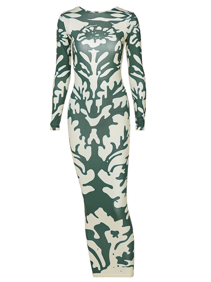 Dame tætsiddende maxikjole med dyb rygudskæring og unikt camouflage-design Stilla