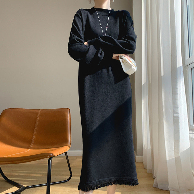 Femme Elegant Strik Maxi Kjole med Frynse Kant Stilla