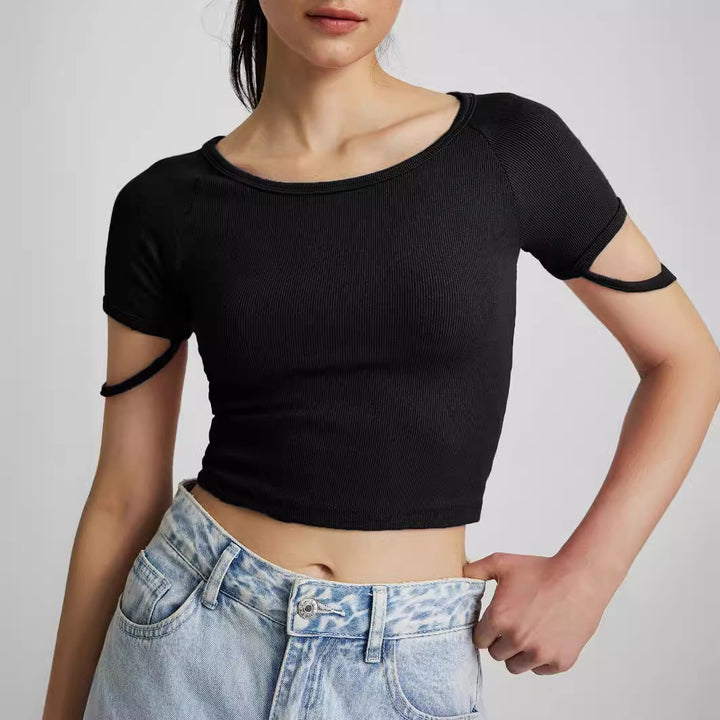 Dame kortærmet tætsiddende crop-top med rund halsudskæring Skovae
