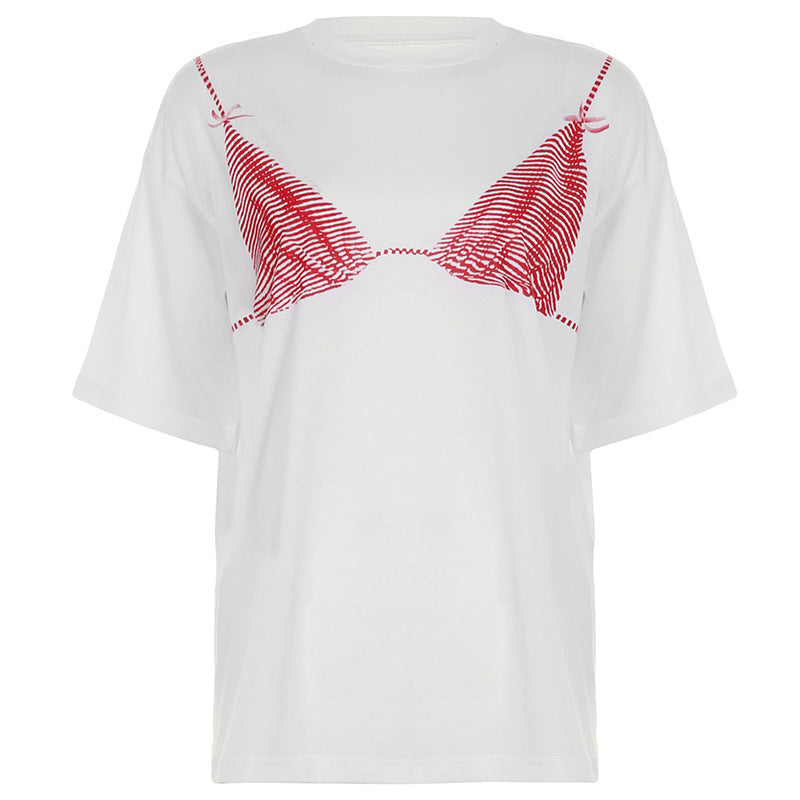 Dame løs T-shirt med grafisk bikini-print Skovae