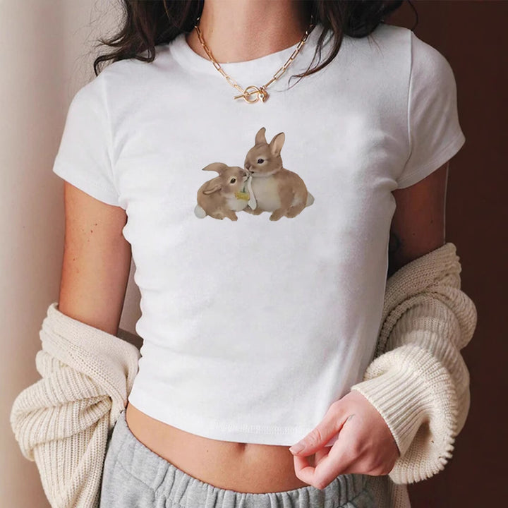 Dame Crop-T-Shirt med sødt kaninmotiv Skovae