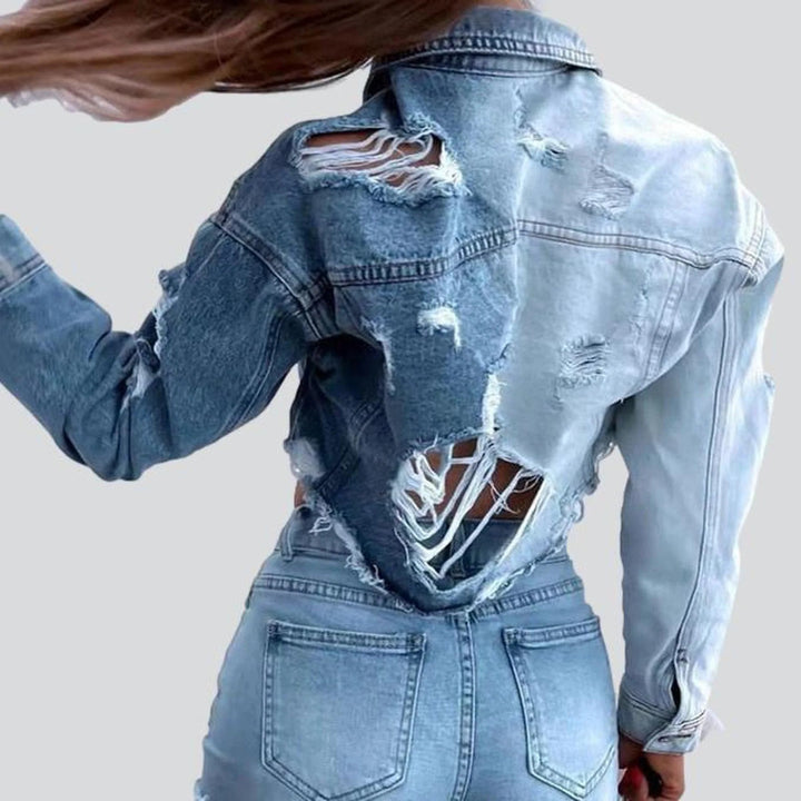 Dame Cropped Denimjakke med trendy Destroyed-udseende og afslappet snit Stilla