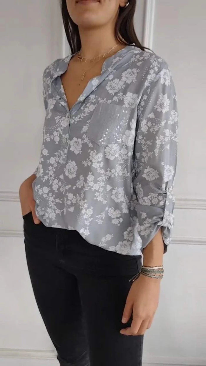 Dame blouse top med blomstermønster og glitrende pailletter Stilla
