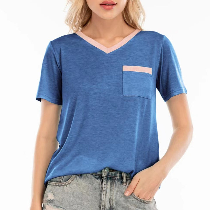 Dame V-hals T-shirt med brystlomme og kontrasterende krave Stilla