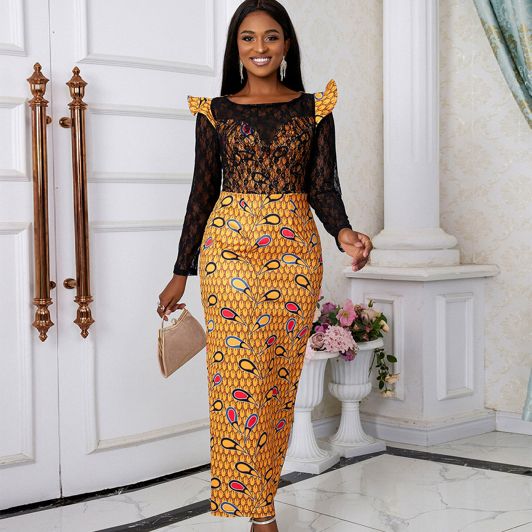 Dame Elegant Langærmet kjole med floral mønster og transparent spidstopføring Skovae