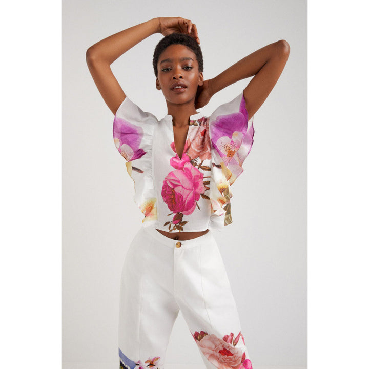Dame Floral Print Rüschenshirt og Vidde Bukser Sæt Stilla