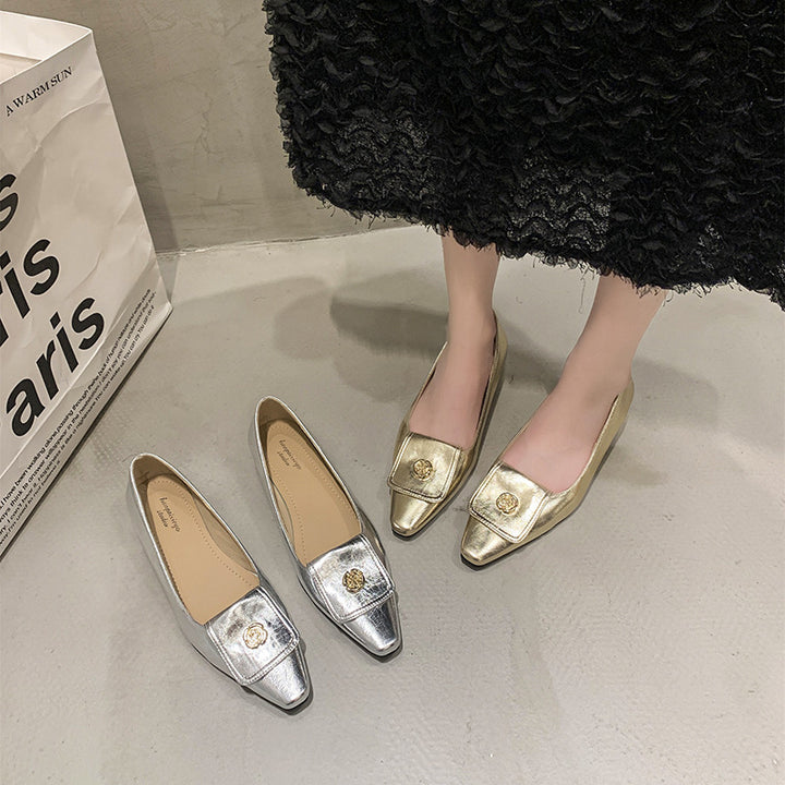 Dame Elegant Spids-Tå Ballerinaer med Knapdetalje Stilla