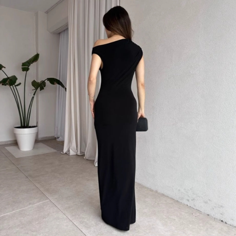 Kvinder Elegant Maxikjole med Off-Shoulder Design og dekorativ rynkning Skovae