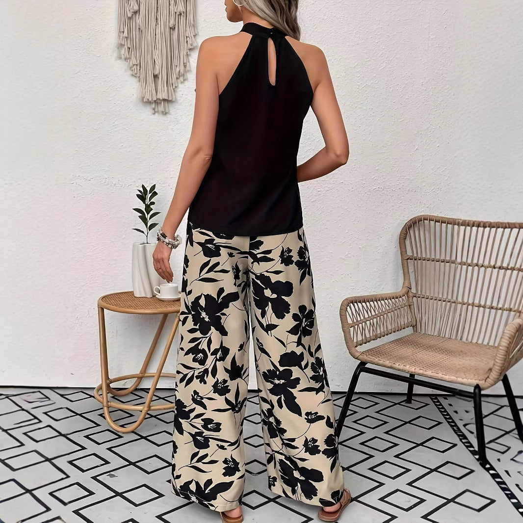 Dame bred blomsterbukser med elastisk talje og sidelommer Stilla
