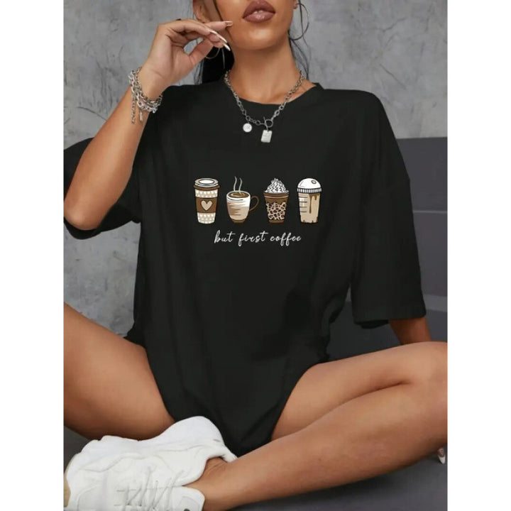 Dame T-shirt med humoristisk kaffemotiv Stilla