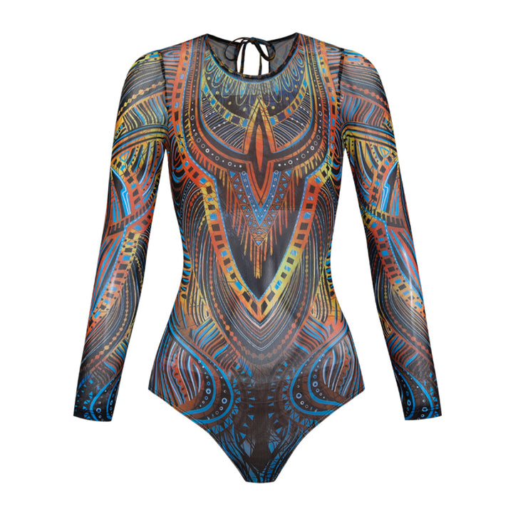 Damer langærmet badedragt med farverigt grafisk mønster Skovae