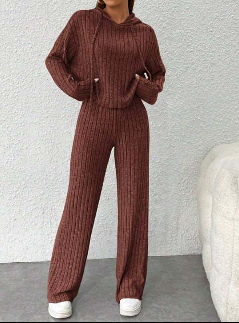 Dame Blødt Strik-Loungewear-Sæt med bredt bånd og ribbet design Stilla