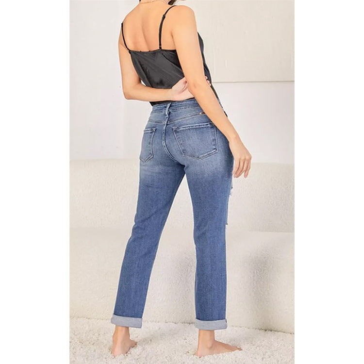Damejeans i moderne boyfriend-snit med høje knapdetaljer og stilfuld used-look Stilla