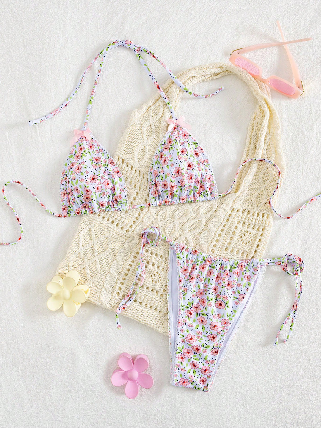 Dame triangel-bikini med blomsterprint og alsidige trusser Skovae