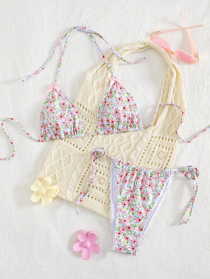 Dame triangel-bikini med blomsterprint og alsidige trusser Skovae