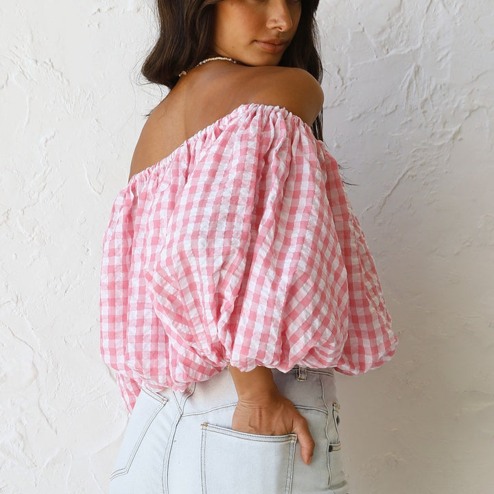 Dame Off-Shoulder Gingham Bluse med Puffærmer Stilla