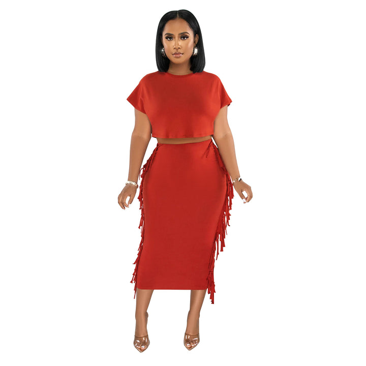 Dame elegant kombination af cropped top og tætsiddende nederdel med frynser Stilla