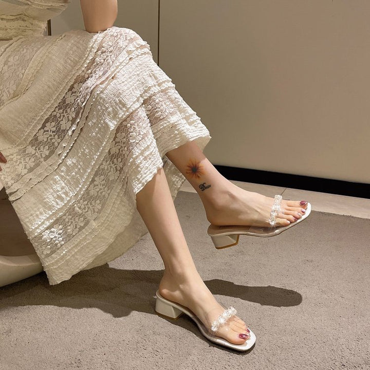 Dame gennemsigtige sandaletter med glitrende strass-bælte og elegant blokhæl Stilla