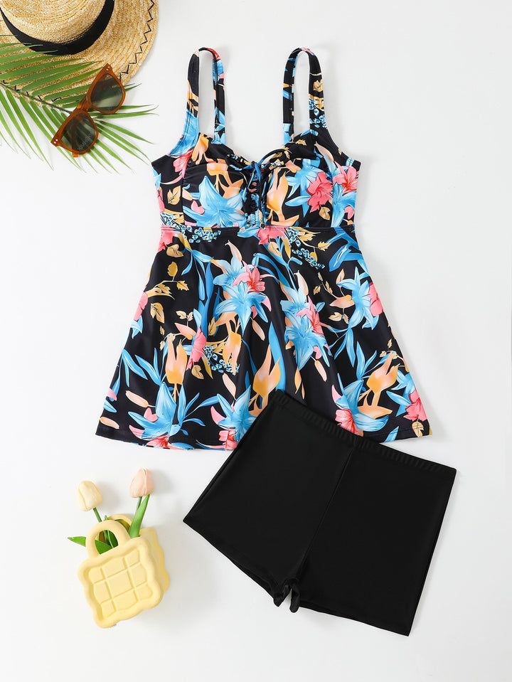 Dame Tankini-sæt med blomsterdetaljer og figurskabende nederdel Stilla