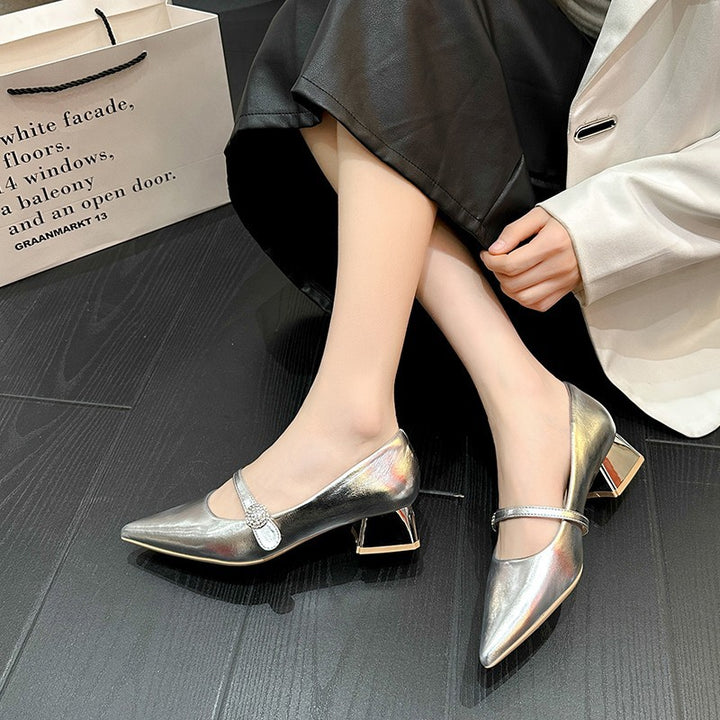 Dame elegante spidse klods-hæls Mary Jane-sko med dekorativt bånd Stilla