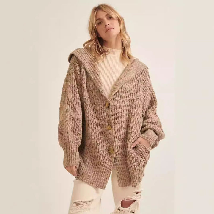 Kvinders chunky strik cardigan med moderne reverskrave og dekorative knapper Stilla