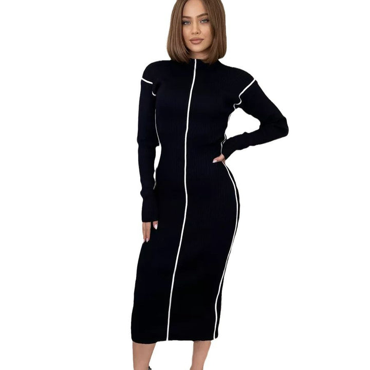 Dame elegant strikkjole med sporty lynlås og smigrende snit Stilla