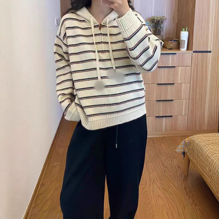 Damer fashionable hoodie sweater med tekstureret stribemønster Stilla