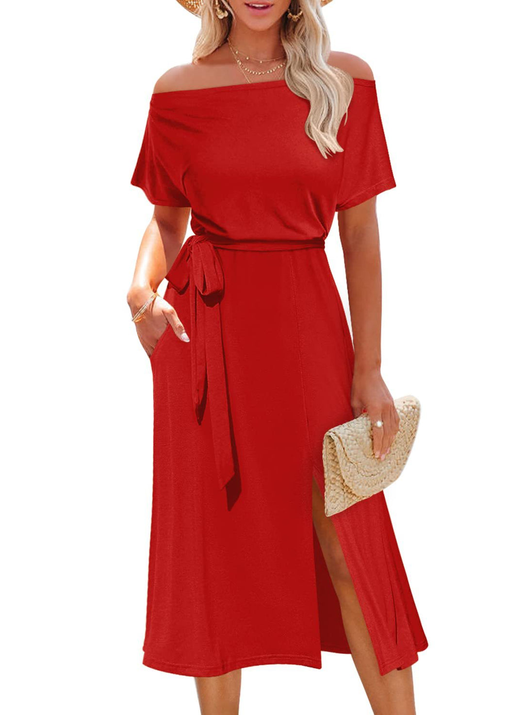 Dame Off-Shoulder Maxi Kjole med Taljebælte Stilla