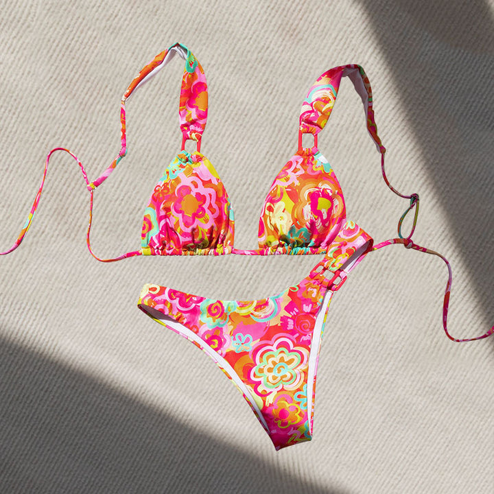 Dame trekant bikini med justerbare stropper og blomsterdesign Skovae