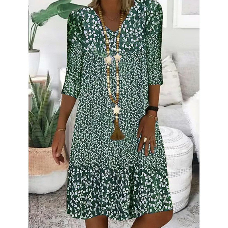 Stilla | Elegant Print Trekvartærmet V-Hals Midi Kjole