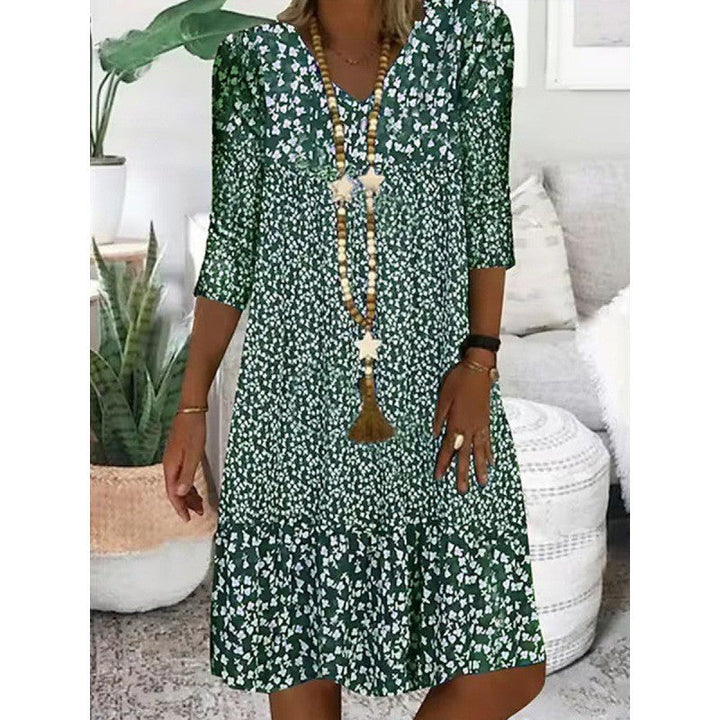 Stilla | Elegant Print Trekvartærmet V-Hals Midi Kjole