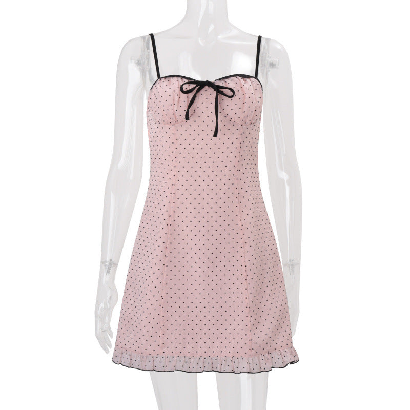 Damen Spaghetti-Trägerkleid mit eleganten Punkten und verstellbaren Riemen Skovae