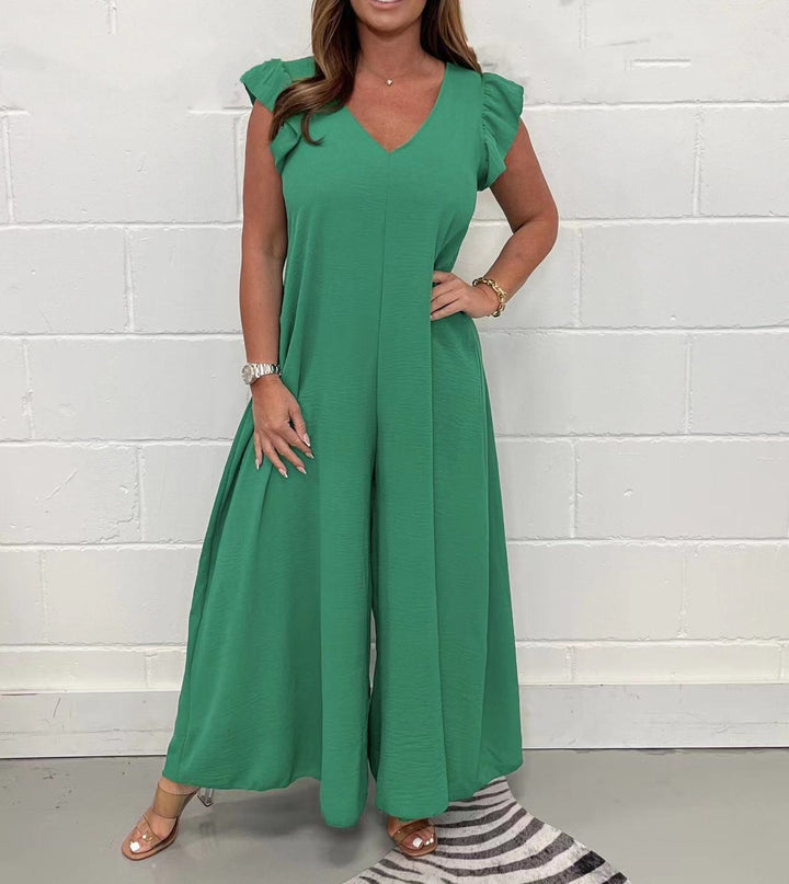 Dame Elegant bred Jumpsuit med V-hals og korte ærmer Stilla