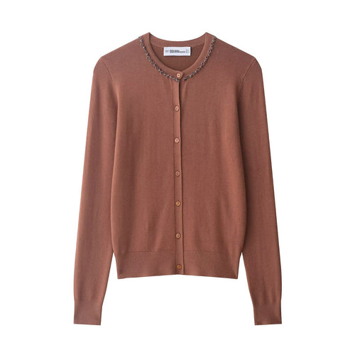 Kvinders fashionable strikket cardigan med elegant perleudsmykning Stilla