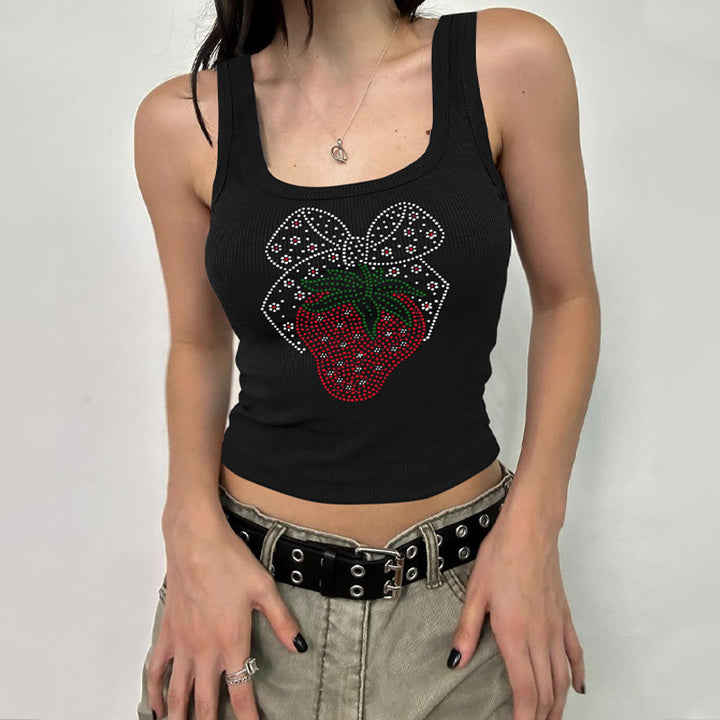 Dame Crop-Top med funklende jordbær-design og ærmeløs snit Stilla
