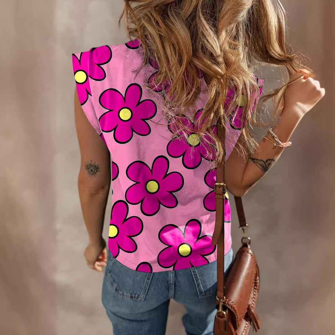 Dame sommer T-shirt med farverigt blomsterprint og brede stropper Stilla