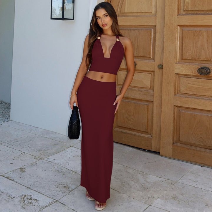 Dame Elegante sæt med cropped-top og maxinederdel i figursyet design Stilla